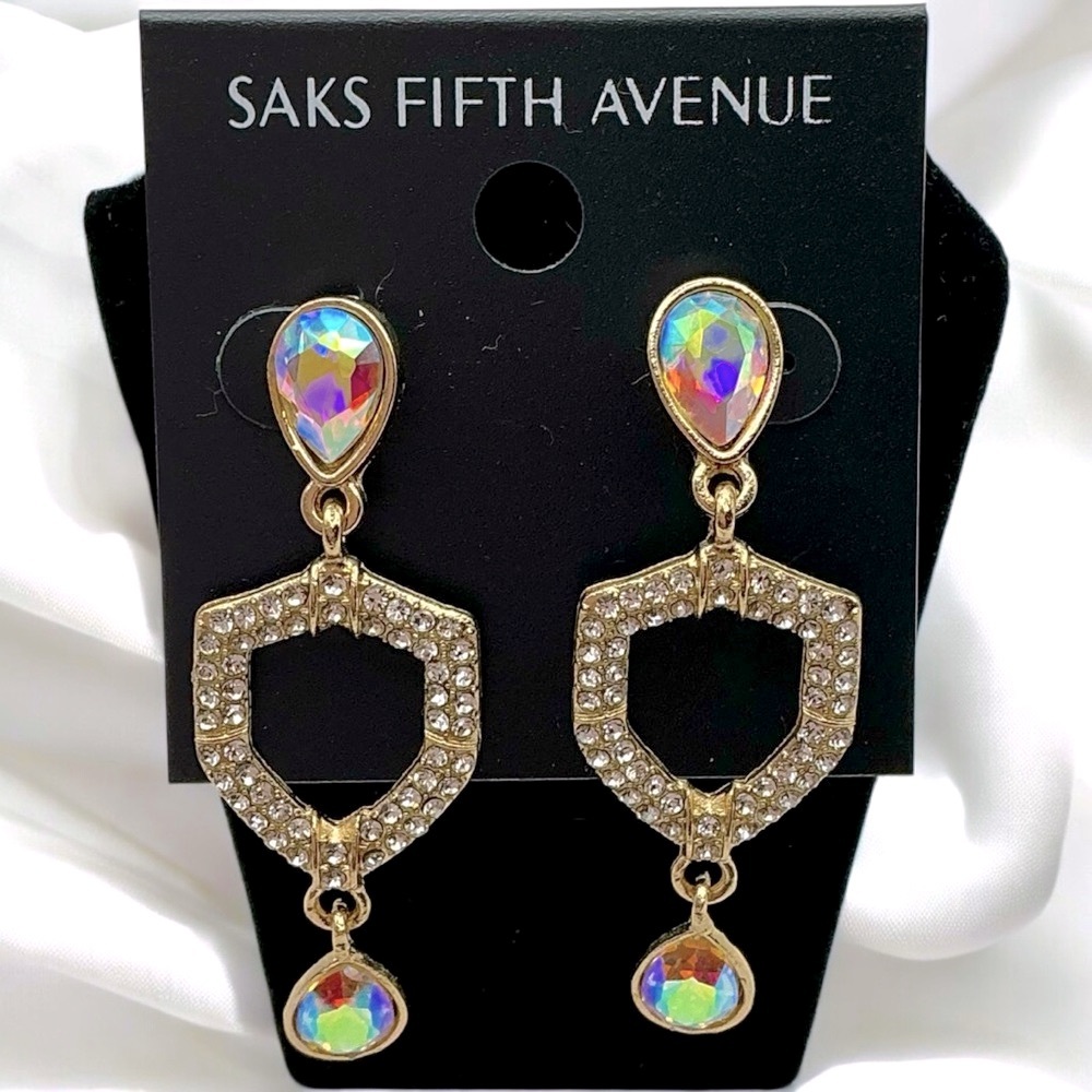 Saks Fifth Avenue Gold Plated, Aurora, & Clear Teardrop, Jewelry Earrings - Picture 3 of 4